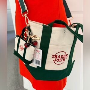 Trader Joe's Cream & Green Canvas crossbody tote with Cherry & mini TJ charm